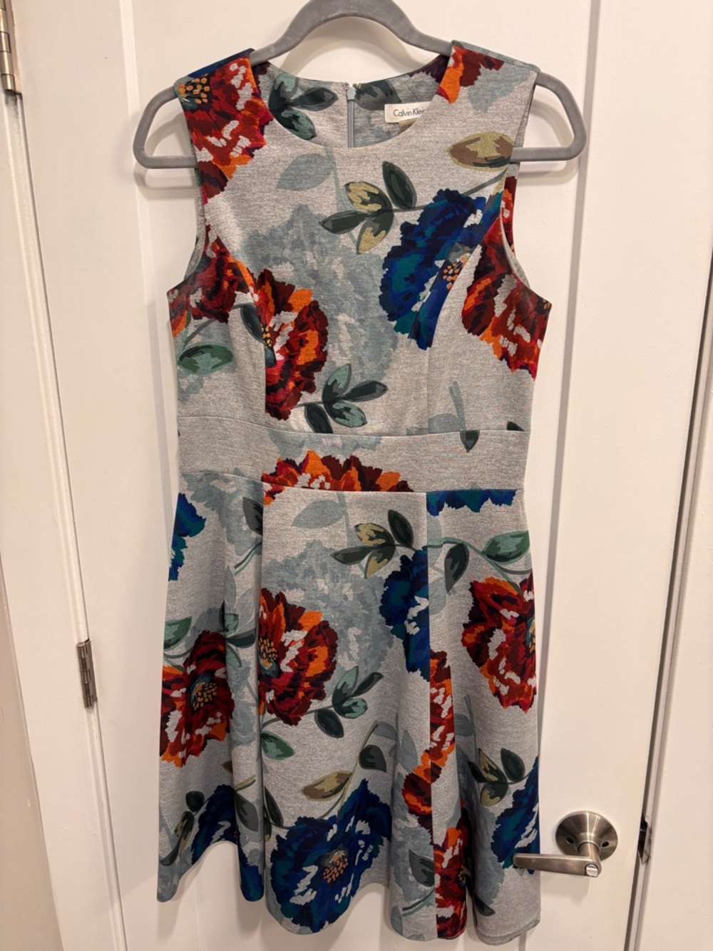 Calvin Klein Floral Fit & Flare Dress in Light Gray with Bold Blooms